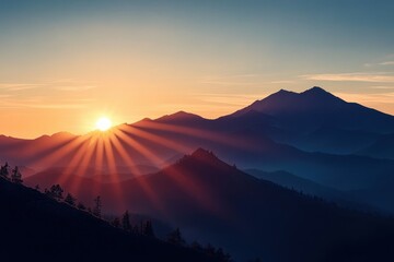 Serene Mountain Landscape at Sunrise with Golden Hour Light and Gentle Sun Rays