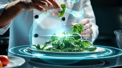 Chef Preparing a Green Salad with Futuristic Holographic Effects