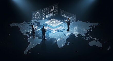 Global business team analyzing data on interactive world map display blue dark light sales growth