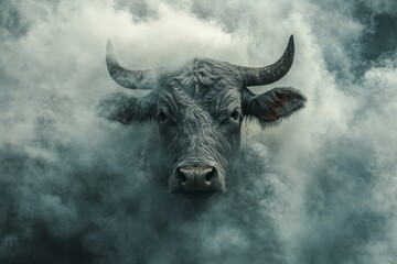 Naklejka premium Bull stands in mysterious fog with horns raised. Dark atmosphere, low angle, moody lighting. Neural network AI generated