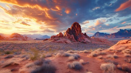 Naklejka premium Desert landscape with red rock formations and dramatic sunset sky, high detail, natural textures, ultra-HD