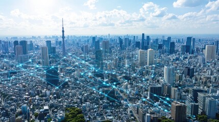 A futuristic city with a web of interconnected digital communication lines.