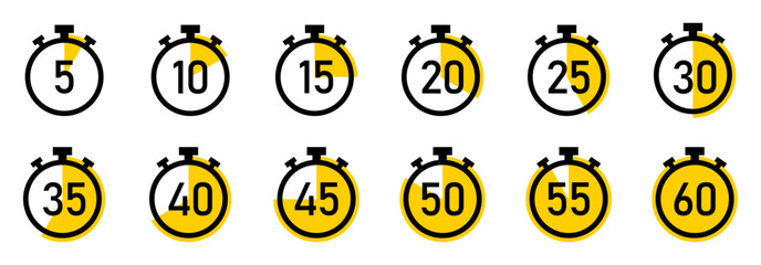 Set of stopwatch timer countdown clock. countdown clock set with 5 to 60 minutes. Countdown timer set with white background. stopwatch, clock, countdown, , timer, icons.