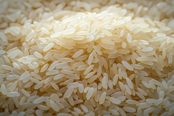 Closeup of Short Grains of Uncooked White Rice for Sushi High Magnification Organic Texture Asian Food Ingredient