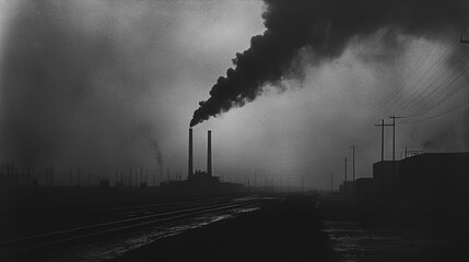 Silhouettes of chimneys releasing smoke in an industrial zone at dusk  