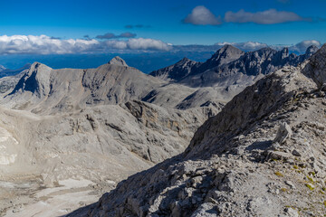 Dachstein mountain range in Austria Alps. Rocky mountain peaks summits and ranges of Dachstein...