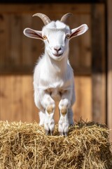 Fototapeta premium Playful goat stands on hay bales, showcasing bright features and