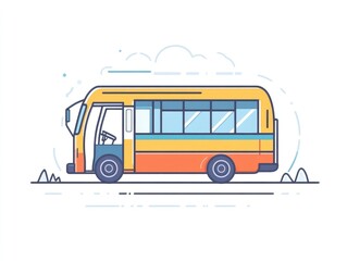 Fototapeta premium Simple Line Art Bus on Road with Clouds