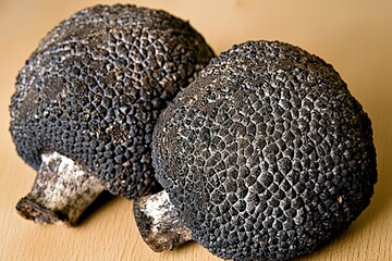 Obraz premium Whole black truffle mushrooms on a wooden surface showcasing rough exterior and gourmet culinary applications for fine dining experiences