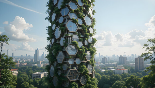 Futuristic Green Skyscraper with Hexagonal Design