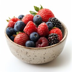 A vibrant bowl of mixed berries featuring strawberries, blueberries, raspberries, and blackberries, showcasing fresh and natural colors.