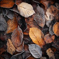 Sleet-coated leaves freeze midway through seasonal change, caught in a liminal state between autumn's vibrancy and wintera??s chill.