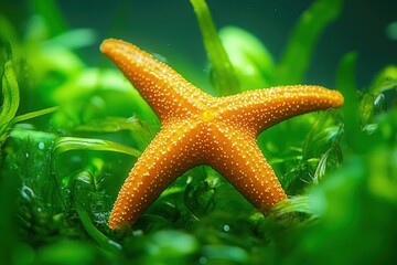 Close up of vibrant orange starfish in lush green underwater plants