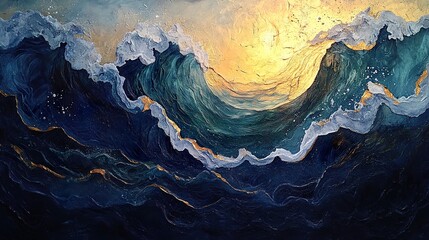 Abstract painting depicts ocean waves with a gold and blue palette