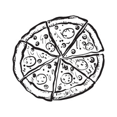 Vector black and white line art illustration of a pizza with toppings in a minimalistic and modern style, following the 2025 trend. Perfect for menus, packaging, branding, restaurant decor, and food 