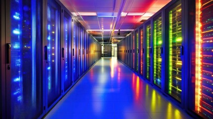 Server Room Corridor Lit by Colorful Lights