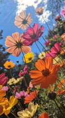 A group of colorful cosmos flowers blooming under the blue sky nature petals photography.