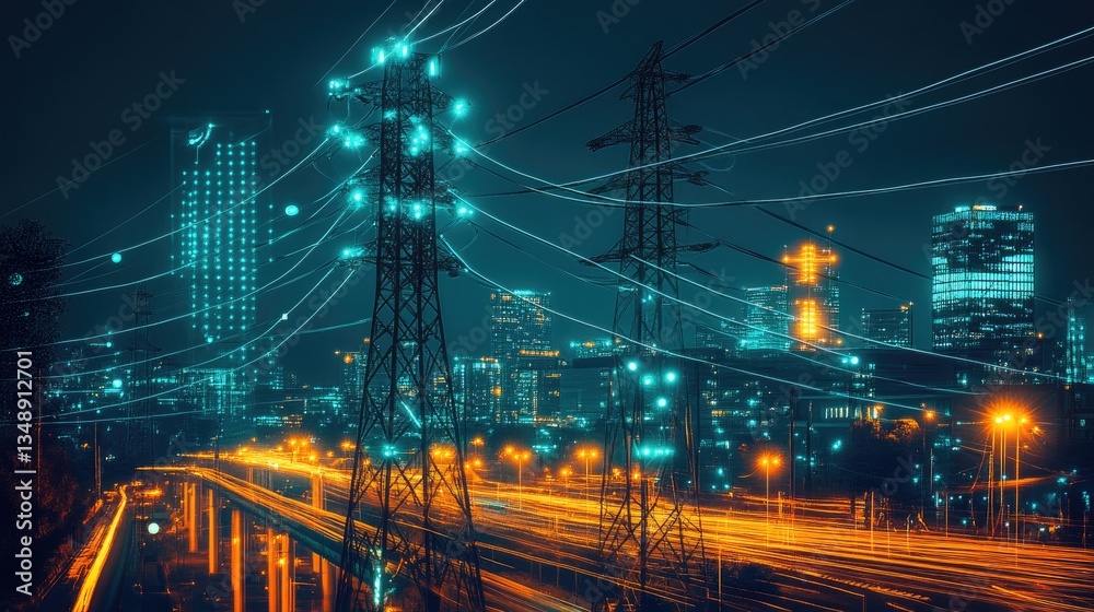 Poster a futuristic energy grid visualization integrating ai and renewable power sources.