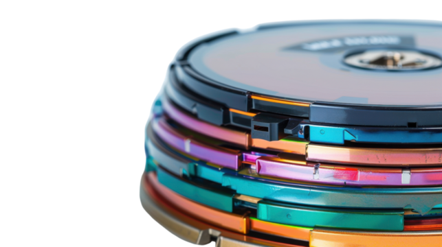 Stack of colorful mini discs showing data storage on transparent background