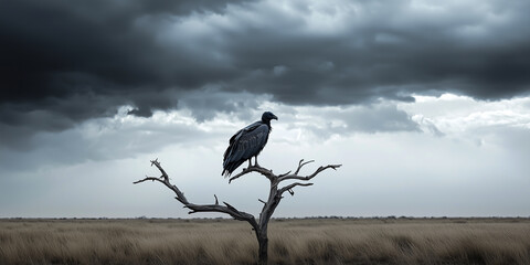 Obraz premium Vulture perched on a dead tree in the savanna under a stormy sky