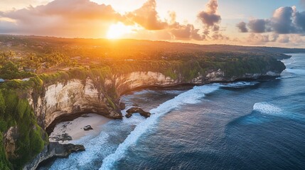 Fototapeta premium Sunset over coastal cliffs, ocean waves crashing, tropical village background; travel, tourism