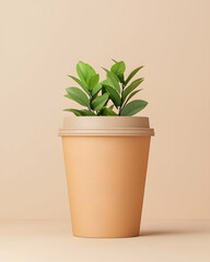 Obraz premium Small plant sprouts from a light brown disposable cup against a muted background