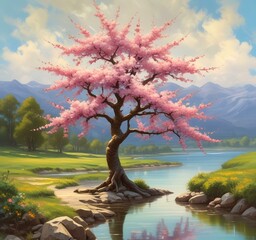 Illustration of blossom tree in spring season.