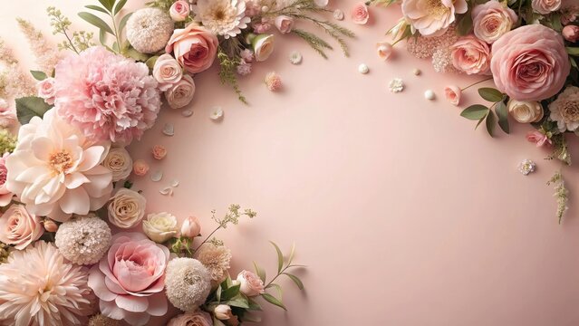 Pastel Floral Arrangement with Delicate Blooms and Soft Pink Background, Ideal for Wedding Invitations, Greeting Cards, or Elegant Events