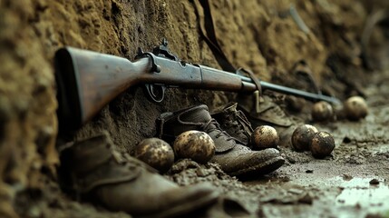 Historical battlefield scene featuring a vintage rifle and worn boots among scattered ammunition