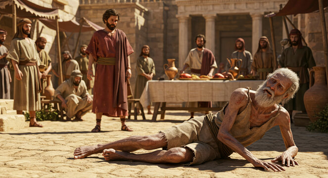 Parable of the rich man and Lazarus, beggar lying on the ground asking for help