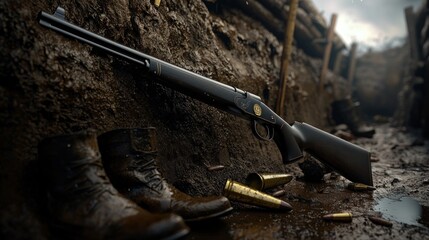 A vintage rifle rests on muddy ground near worn boots and scattered shell casings in a trench