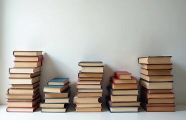 Stacks of books, teaching knowledge, library, university, school on white background. Education, science, literature, study, wisdom, read, college, culture, textbook, research, text, collection,