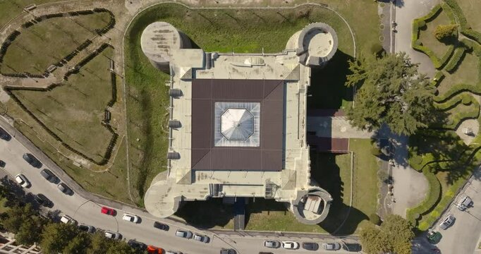 Aerial perpendicular view of the Orsini-Colonna Castle, a fort located in the city of Avezzano, in Abruzzo, Italy.