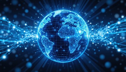 Obraz premium A futuristic glowing digital Earth surrounded by interconnected network nodes and data streams represents global communication and technology innovation.