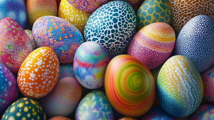 Obraz premium Easter eggs decorated with geometric patterns in speckles and circles. Easter vertical background with closely lying painted Easter eggs.