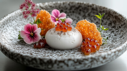 White mozzarella with red and yellow caviar in the plate