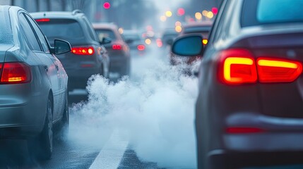 View of congested highway with cars emitting exhaust fumes, urban pollution concern  