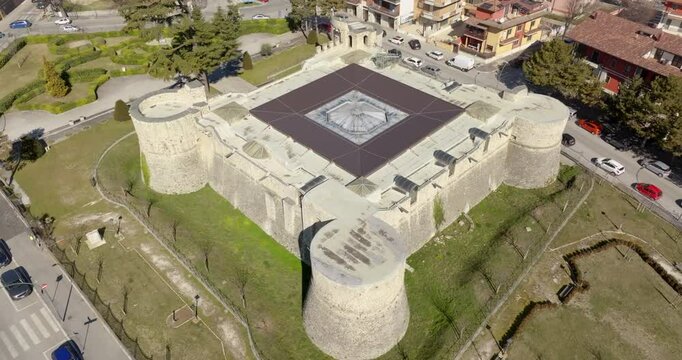 Aerial view of the Orsini-Colonna Castle, a fort located in the city of Avezzano, in Abruzzo, Italy.