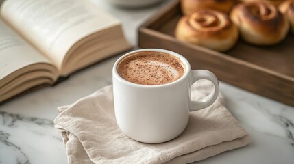 Cozy morning with hot chocolate, open book, and freshly baked cinnamon rolls on marble countertop.