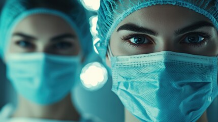 Close-up of focused female surgeons wearing surgical masks and caps in a sterile operating room setting