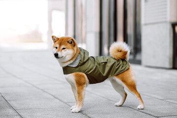 A cute red Shiba Inu dog in hoodie jacket stands and sits on a city street