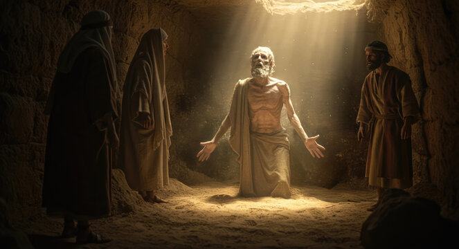 Lazarus rising from the dead in a dark cave witnessed by disciples