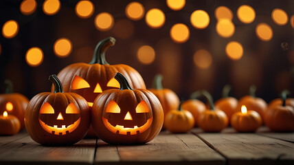 A group of carved Halloween pumpkins with glowing faces sits on a wooden table, against a backdrop of warm bokeh lights.

