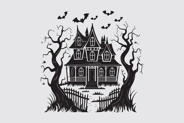 Haunted House with Bats Silhouette Vector