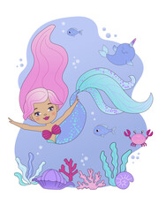Vector illustration of underwater life. Funny little mermaid. Seamless pattern, perfect for fabric design, bedding, wrapping paper and t-shirts. Cute baby background