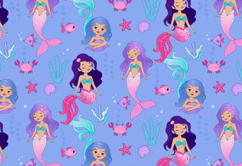 Vector seamless pattern with cute mermaids and underwater elements on blue background. Ocean, sea. Mermaid princess. Creative children's texture for fabric, packaging, textile, wallpaper.