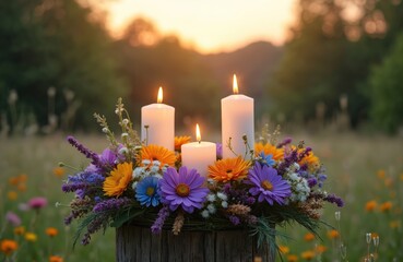 Flower wreath with burning candles on evening meadow. Summer, Midsummer night concept. Floral festive decor with pagan vibes. Wiccan symbolic rituals. Traditional summer holiday.