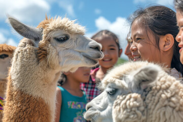 Obraz premium A young girl joyfully interacts with friendly llamas, surrounded by smiling friends on a sunny day.
