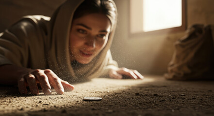 Woman Searching for Lost Silver Coin in Dusty Room