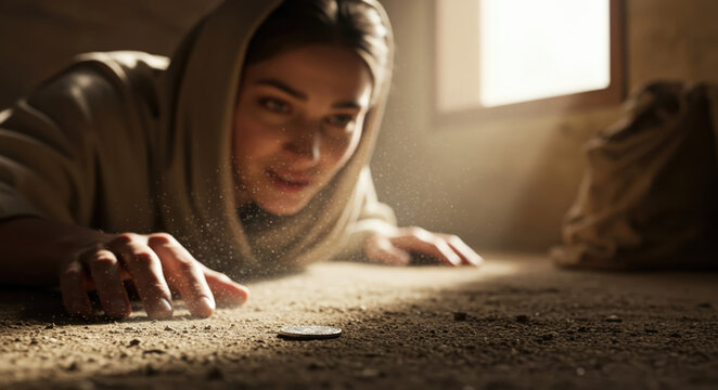 Woman Searching for Lost Silver Coin in Dusty Room